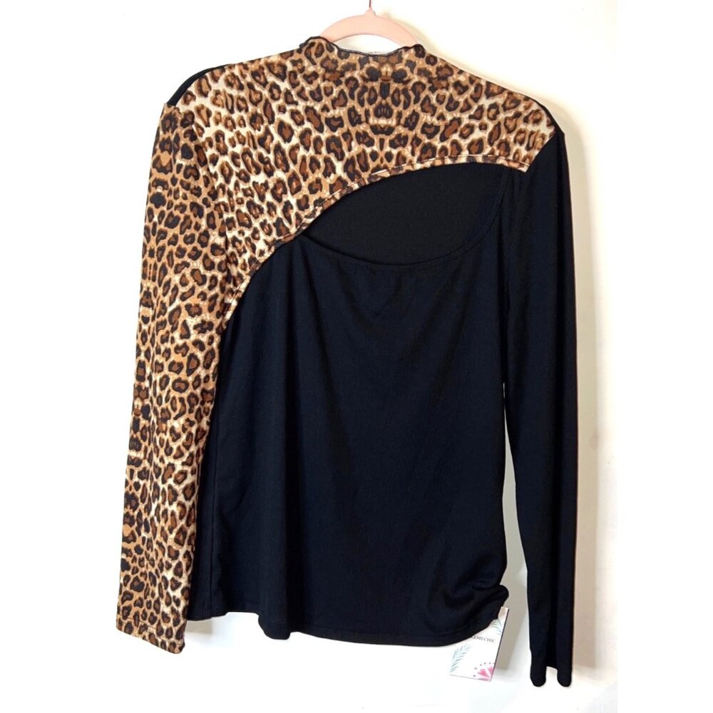 NEW Black & Leopard Print Long Sleeve Top Plus Size XL Makemechic Polyester Blen